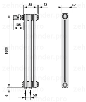 Схема (чертеж) Радиатор Zehnder Charleston 2180/3 №V007 Белый глянцевый RAL 9016
